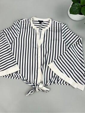 Halogen Black and Cream Silky Striped Tie-Front Blouse Bell Sleeves Womens Sz XL